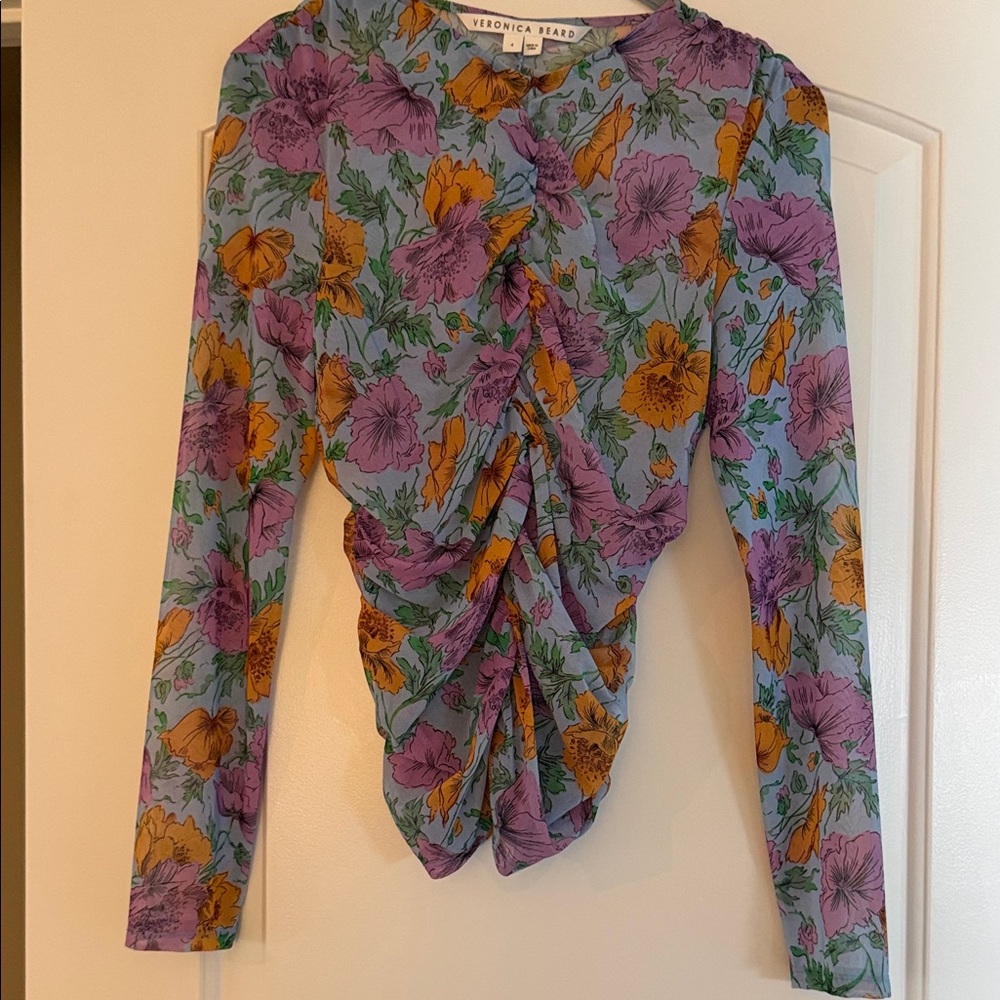 Veronica Beard Lavender and Mustard Floral Ruched Long-Sleeve Top